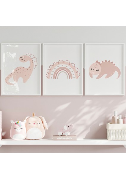 Pembe Dinozorlar Bebek ve Çocuk Odası 3'lü Tablo Seti, Çocuk Odası Tablosu