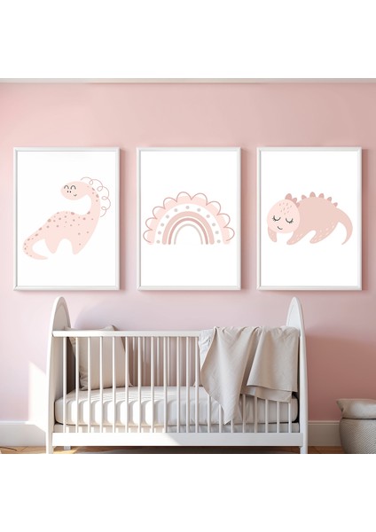 Pembe Dinozorlar Bebek ve Çocuk Odası 3'lü Tablo Seti, Çocuk Odası Tablosu