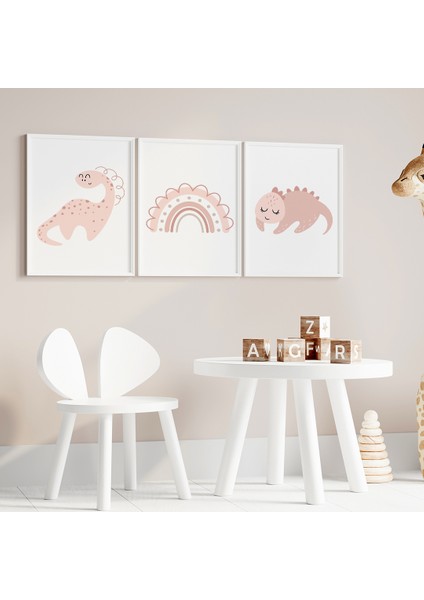 Pembe Dinozorlar Bebek ve Çocuk Odası 3'lü Tablo Seti, Çocuk Odası Tablosu