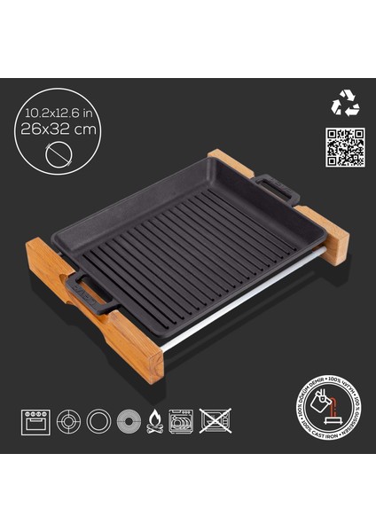 Döküm Dikdörtgen Izgara Tavası Kayın Servis Ahşabı Döküm Demir Yekpare Çift Kulplu Ölçü 26x32cm. fırsatları