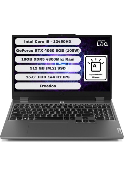 LOQ Intel Core i5 12450HX 16GB 512GB SSD RTX4060 Freedos 15.6" FHD Taşınabilir Bilgisayar 83GS0060TR