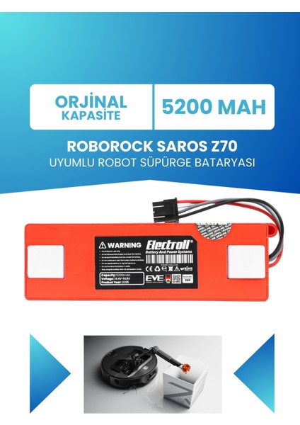 Roborock Saros Z70 Uyumlu Batarya (Orjinal Kapasite) 5200MAH Pil Robot Süpürge Batarya Değişimi