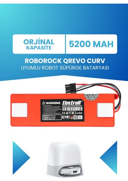 Roborock Qrevo Curv Uyumlu Batarya (Orjinal Kapasite) 5200MAH Pil Robot Süpürge Batarya Değişimi