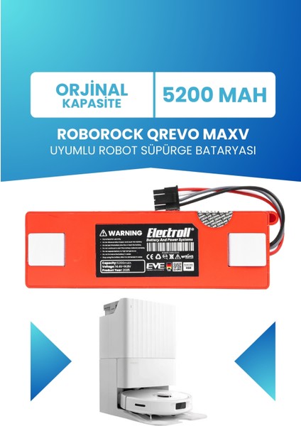 Roborock Qrevo Maxv Uyumlu Batarya (Orjinal Kapasite) 5200MAH Pil Robot Süpürge Batarya Değişimi