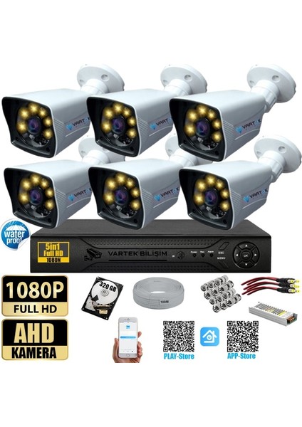 6 Kameralı Gece Renkli 5mp Lensli 1080P Fullhd Kamera Seti - Sabit Ip Gerektirmez-Tak Çalıştır