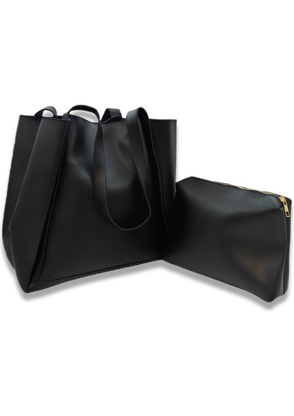 Siyah Suni Deri Tek Bölmeli Manyetik Çıtçıt ve Kanca Kapamalı 2 Saplı Omuz