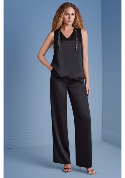 Geniş Paça Siyah Saten Pantolon