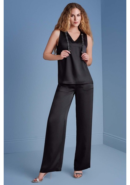 Geniş Paça Siyah Saten Pantolon fiyatları