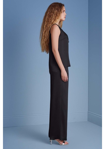 Geniş Paça Siyah Saten Pantolon modelleri