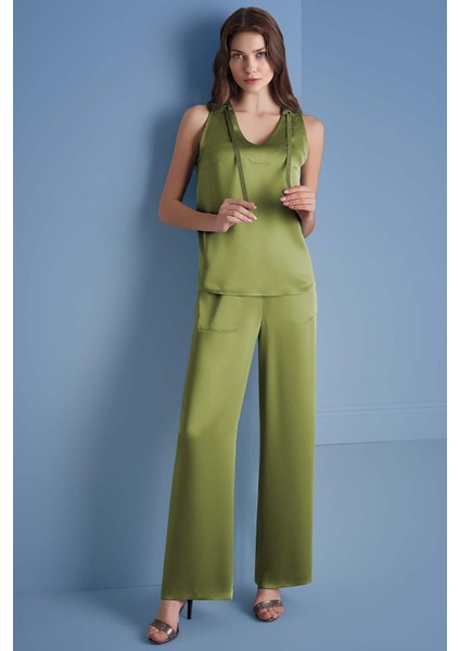 Geniş Paça Yeşil Saten Pantolon