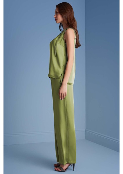 Geniş Paça Yeşil Saten Pantolon modelleri