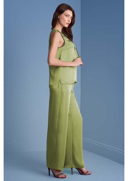 Geniş Paça Yeşil Saten Pantolon fırsatları