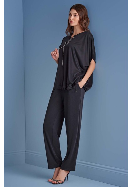 Düz Paça Siyah Örme Pantolon