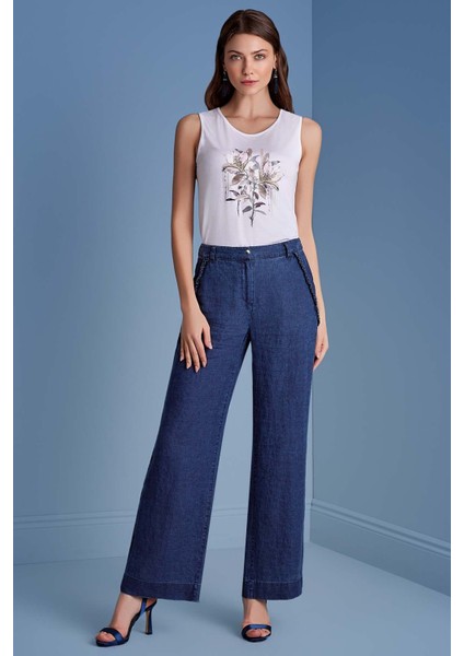 Geniş Paça Mavi Keten Pantolon