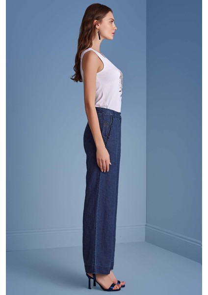 Geniş Paça Mavi Keten Pantolon modelleri