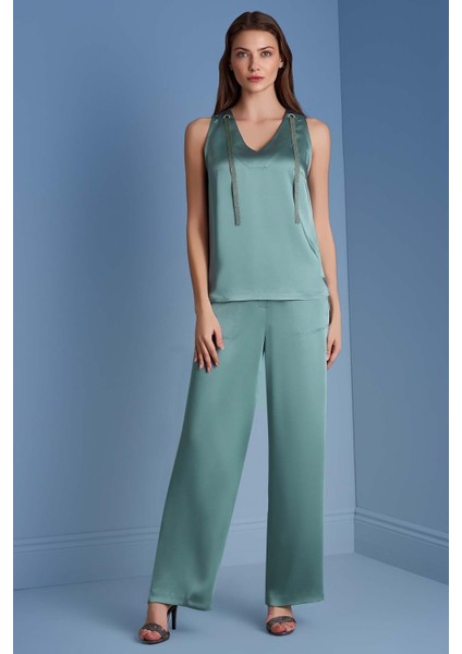 Geniş Paça Kemik Yeşil Saten Pantolon