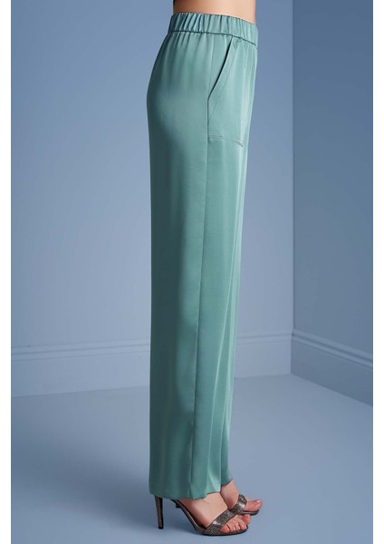 Geniş Paça Kemik Yeşil Saten Pantolon indirimleri