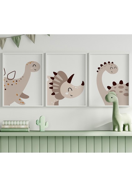 Boho Sevimli Dinozorlar Bebek ve Çocuk Odası 3'lü Tablo Seti, Çocuk Odası Tablosu