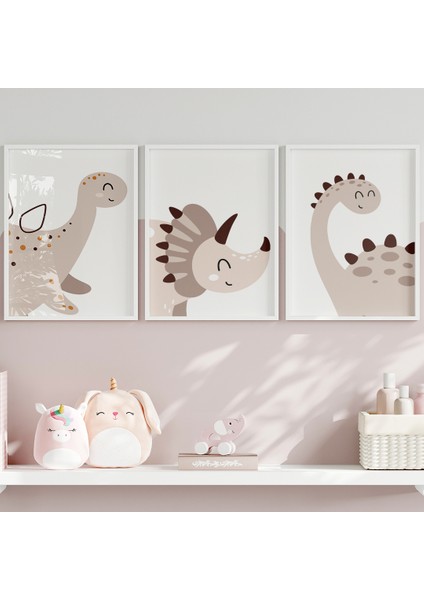 Boho Sevimli Dinozorlar Bebek ve Çocuk Odası 3'lü Tablo Seti, Çocuk Odası Tablosu