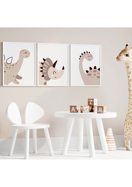 Boho Sevimli Dinozorlar Bebek ve Çocuk Odası 3'lü Tablo Seti, Çocuk Odası Tablosu