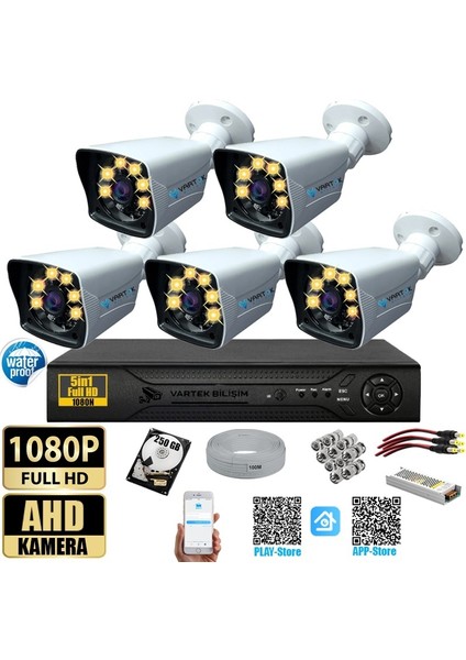 5 Kameralı Gece Renkli 5mp Lensli 1080P Fullhd Kamera Seti - Sabit Ip Gerektirmez-Tak Çalıştır