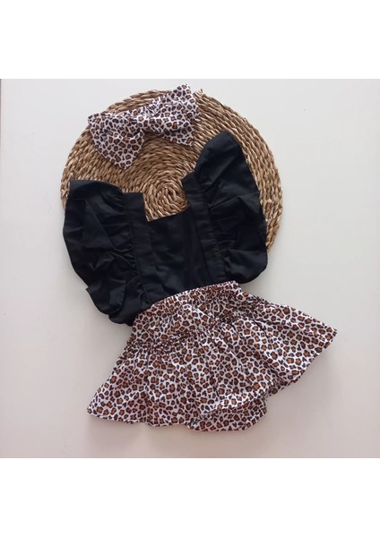 Kız Bebek Leopar Desenli Fırfırlı Salopet Bandana Takım