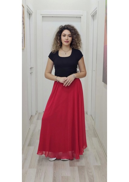 Bel Lastikli Kloş Şifon Etek 6003-KIRMIZI