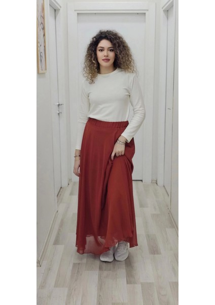 Bel Lastikli Kloş Şifon Etek 6003-KIREMIT