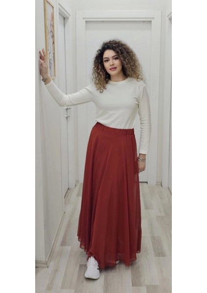 Bel Lastikli Kloş Şifon Etek 6003-KIREMIT fiyatları