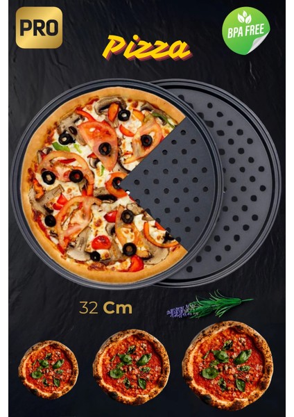 Paslanmaz Karbon Çelik , Delikli, Yanmaz Yapışmaz 32 cm Büyük Boy Pizza ve Lahmacun Tepsisi