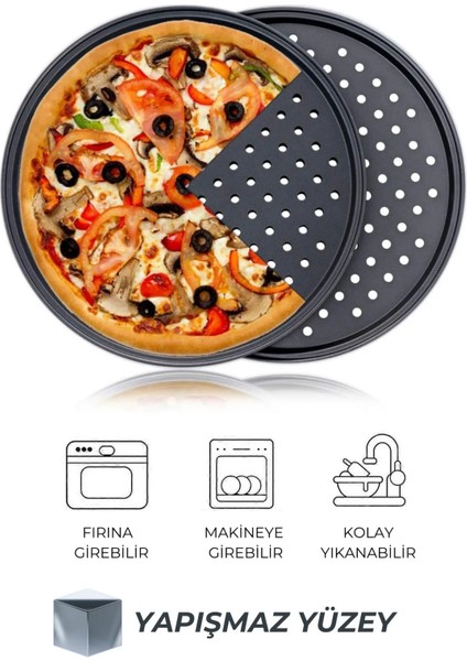 Paslanmaz Karbon Çelik , Delikli, Yanmaz Yapışmaz 32 cm Büyük Boy Pizza ve Lahmacun Tepsisi