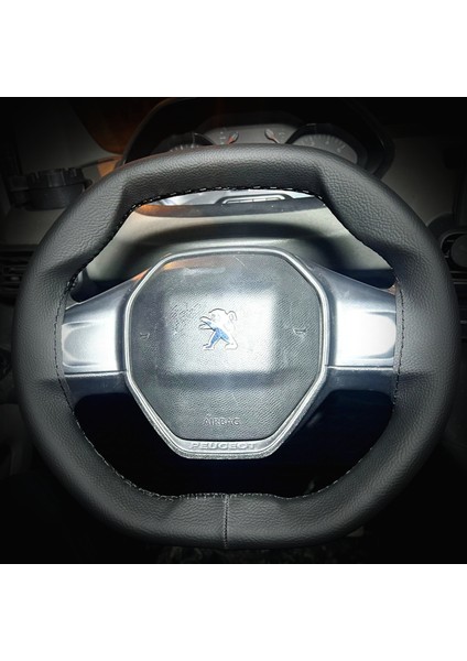 Dikişli Direksiyon Kılıfı Siyah Deri Siyah Dikişli Peugeot Rifter Için