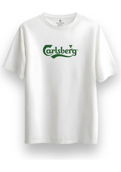 Carlsberg Baskılı Beyaz Bisiklet Yaka Oversize Tişört