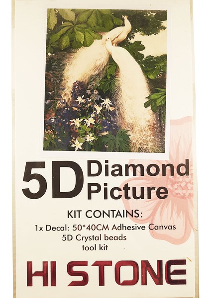 5d Elmas Taş Işleme Kiti 40X50 cm Beyaz Tavus Kuşları Desen