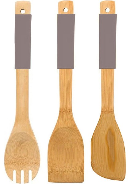 2 Adet Bambu Spatula 1 Adet Salata Kaşığı Silikon Tutma Yerli Isıya Dayanıklı Yanmaz Yapışmaz Mürdüm