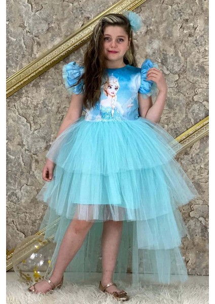 Kız Çocuk Üzeri Karlar Kraliçesi Digital Baskı Kat Kat Tüllü Turkuaz Elbise
