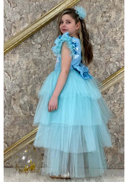 Kız Çocuk Üzeri Karlar Kraliçesi Digital Baskı Kat Kat Tüllü Turkuaz Elbise fiyatları