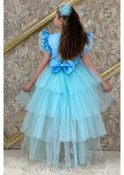 Kız Çocuk Üzeri Karlar Kraliçesi Digital Baskı Kat Kat Tüllü Turkuaz Elbise modelleri
