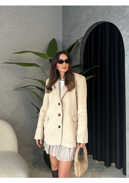 Taş Renk Dokulu Kaşe Blazer Ceket