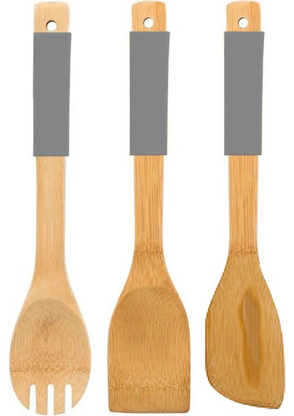 2 Adet Bambu Spatula 1 Adet Salata Kaşığı Silikon Tutma Yerli Isıya Dayanıklı Yanmaz Yapışmaz Gri