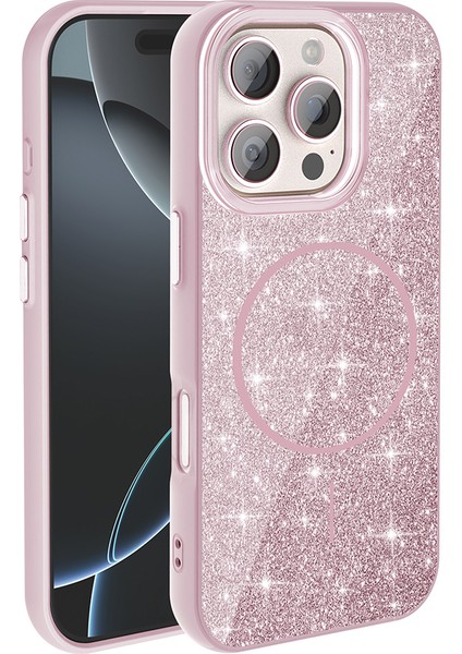 iPhone 16 Pro Max Kılıf Magsafe Şarj Özellikli Parlayan Simli Zore Okso Kapak - Pembe