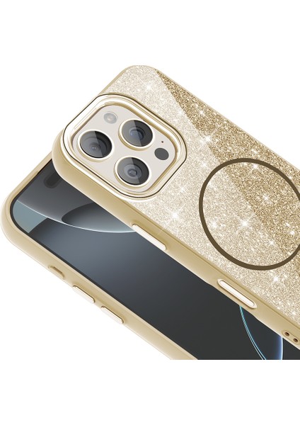 iPhone 16 Pro Max Kılıf Magsafe Şarj Özellikli Parlayan Simli Zore Okso Kapak - Pembe
