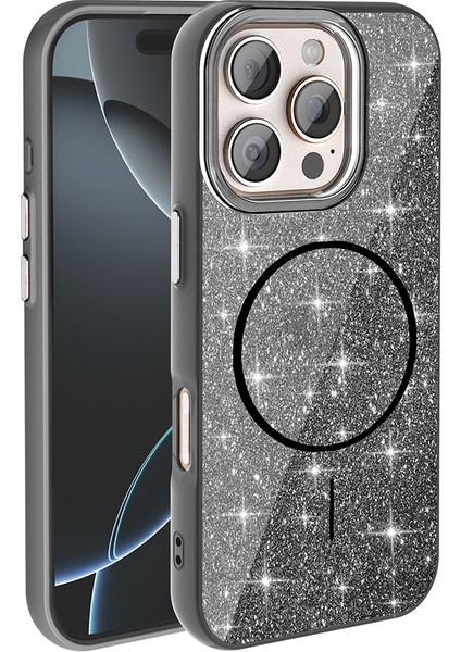 iPhone 16 Pro Max Kılıf Magsafe Şarj Özellikli Parlayan Simli Zore Okso Kapak - Siyah