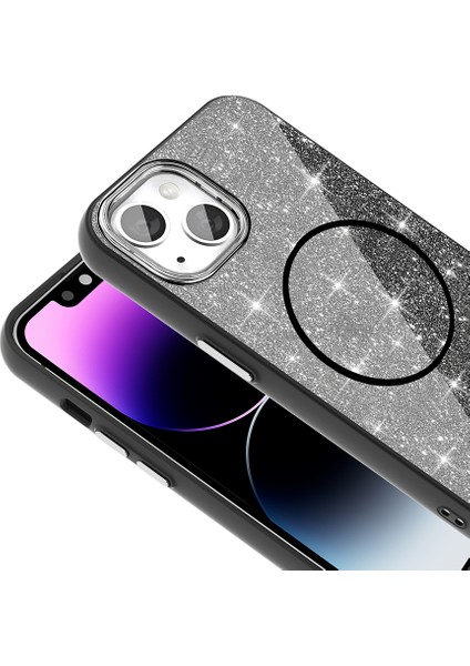 iPhone 13 Kılıf Magsafe Şarj Özellikli Parlayan Simli Zore Okso Kapak - Siyah indirimleri