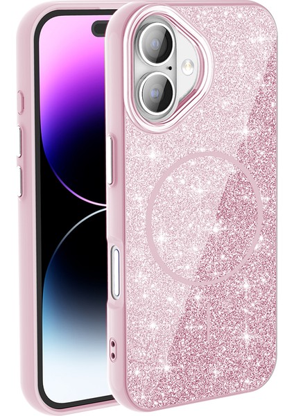 iPhone 16 Kılıf Magsafe Şarj Özellikli Parlayan Simli Zore Okso Kapak - Pembe