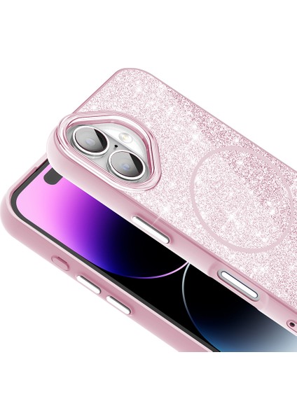 iPhone 16 Kılıf Magsafe Şarj Özellikli Parlayan Simli Zore Okso Kapak - Pembe