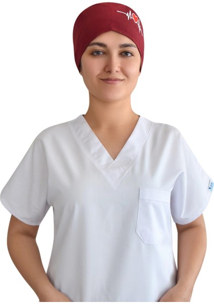 Unisex Bordo Kalp Ritim Nakışlı Cerrahi Bone Doktor Hemşire Saç Bone