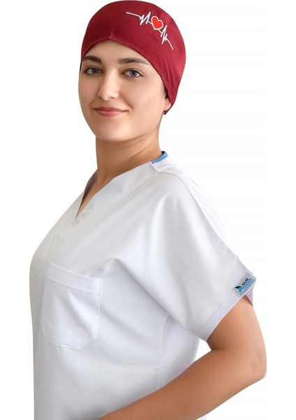 Unisex Bordo Kalp Ritim Nakışlı Cerrahi Bone Doktor Hemşire Saç Bone fiyatları
