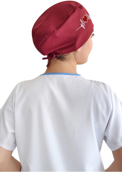 Unisex Bordo Kalp Ritim Nakışlı Cerrahi Bone Doktor Hemşire Saç Bone modelleri