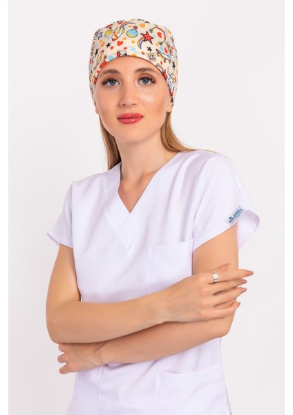Unisex 90'lar Desenli Hemşire Cerrahi Bone Doktor Ameliyat Saç Bonesi